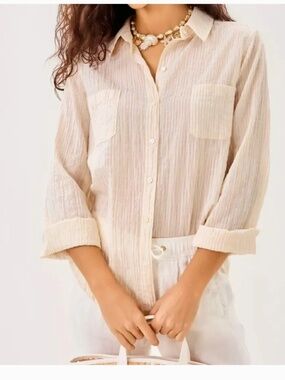 Lilly Pulitzer Sea View Cotton Button Down Stripe Top Shirt Tan White Medium